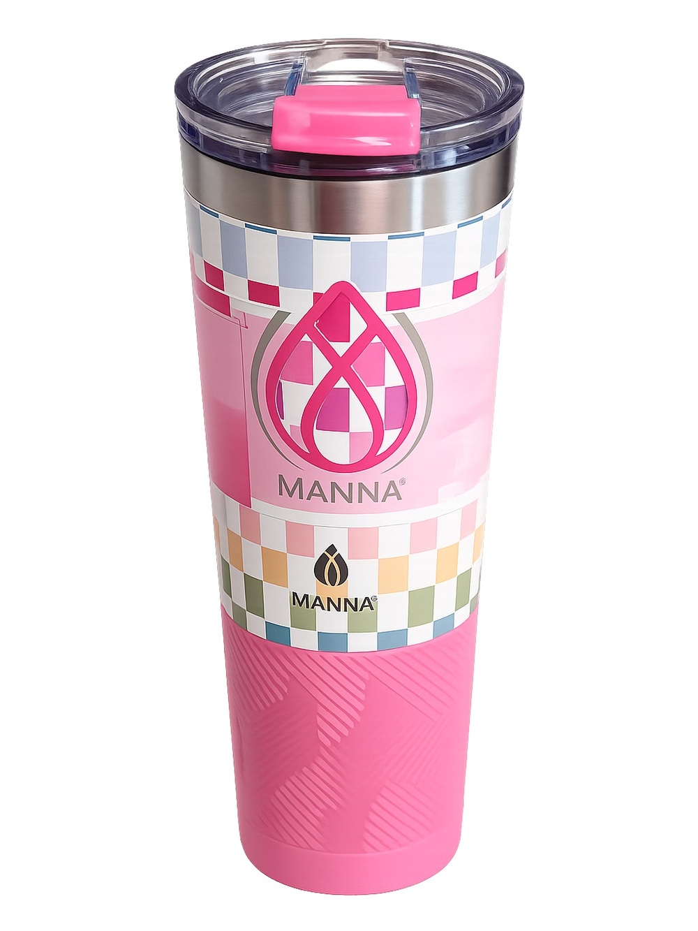 NWT Manna Sahara 20 oz Pink Checkerboard Stainless Steel Travel Tumbler Mug